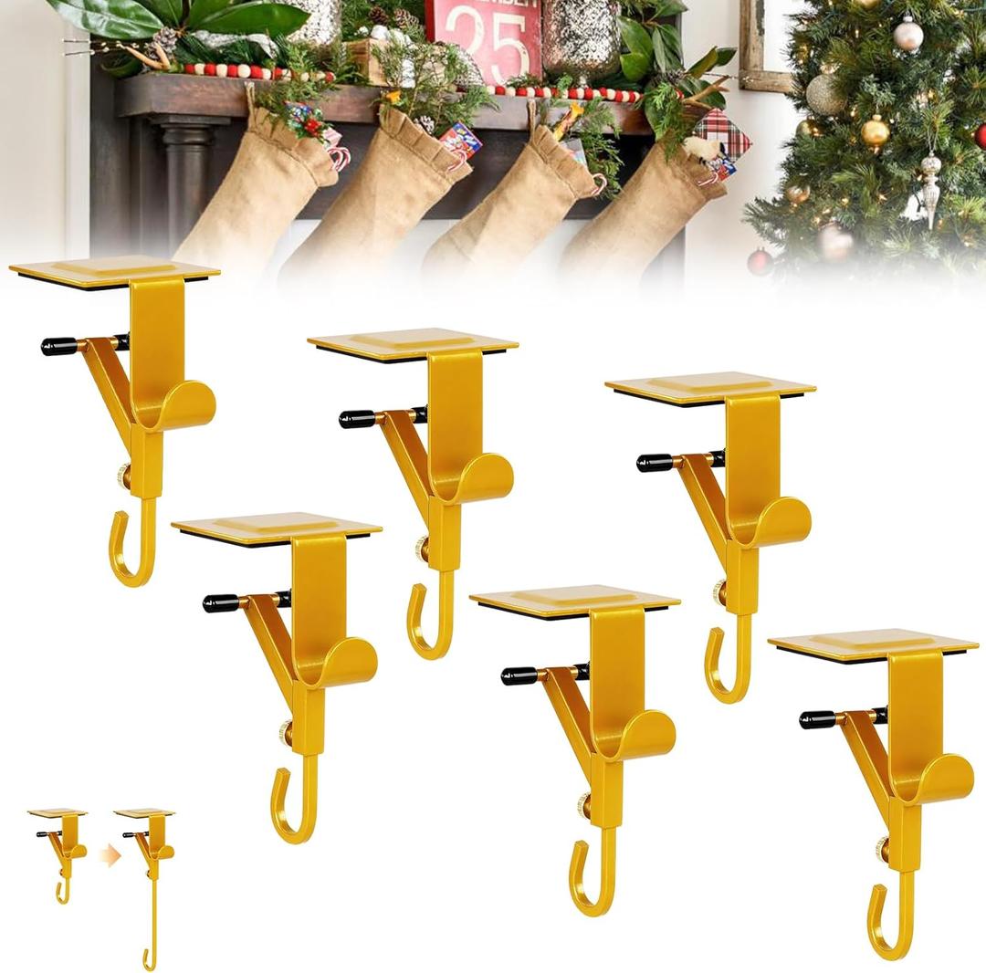 Fireplace Garland and Stocking Hanger 6-Pack, No-Drill Mantle Hangers, Adjustable Clip for 3-7 Inch Mantles, 20LB Load Capacity, Non-Slip Design Mantle Garland Holder (Gold)