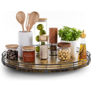 Lazy Susan Turntable Organizer for Table Top, 18 Round Wooden Lazy Susan for Cabinet Kitchen Countertop Pantry Dining Coffee Table for Condiments Spices, Rustic Bathroom Vanity Tray for Soap Candle