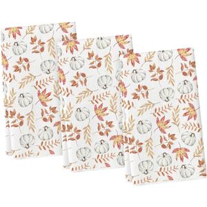 Artoid Mode Orange Eucalyptus Leaves Pumpkin Fall Kitchen Towels Dish Towels, 18x26 Inch Seasonal Decoration Hand Towels Set of 3