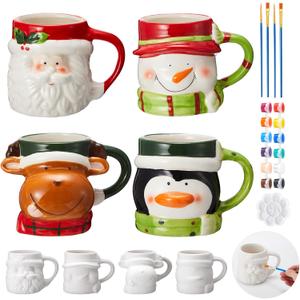 LOYIM Set of 4 Christmas Ceramic to Paint Color Your Own Mugs Christmas Craft for Adult Santa Snowman Elk Penguin DIY Mug Painting Kit with Paints, Brushes, Palette for Xmas Activity Art Decoration