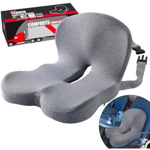 Seat Cushion for Truck Driver, Memory Foam Truck Seat Cushion with Adjustable Strap  Ergonomic Back Support & Sciatica Relief for Long Drives, Semi Truck Accessories, Dark Gray