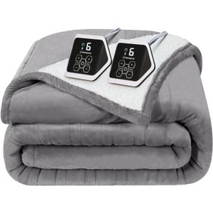 Westinghouse Heated Blanket Queen Size, Soft Flannel to Sherpa Electric Blanket with 10 Heating Levels, 12 Hours Auto Off, Fast Heating Blanket, Machine Washable, 84x90 Inch, Light Grey