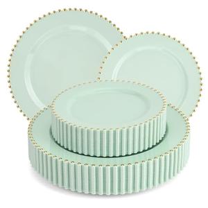 EI 60pcs Green Plastic Plates with Gold Rim,Disposable Heavy Duty Sage Green and Gold 10" Dinner & 7" Dessert Plastic Plate for Birthday,Afternoon Tea,Wedding,Spring,Valentine's Day,Easter