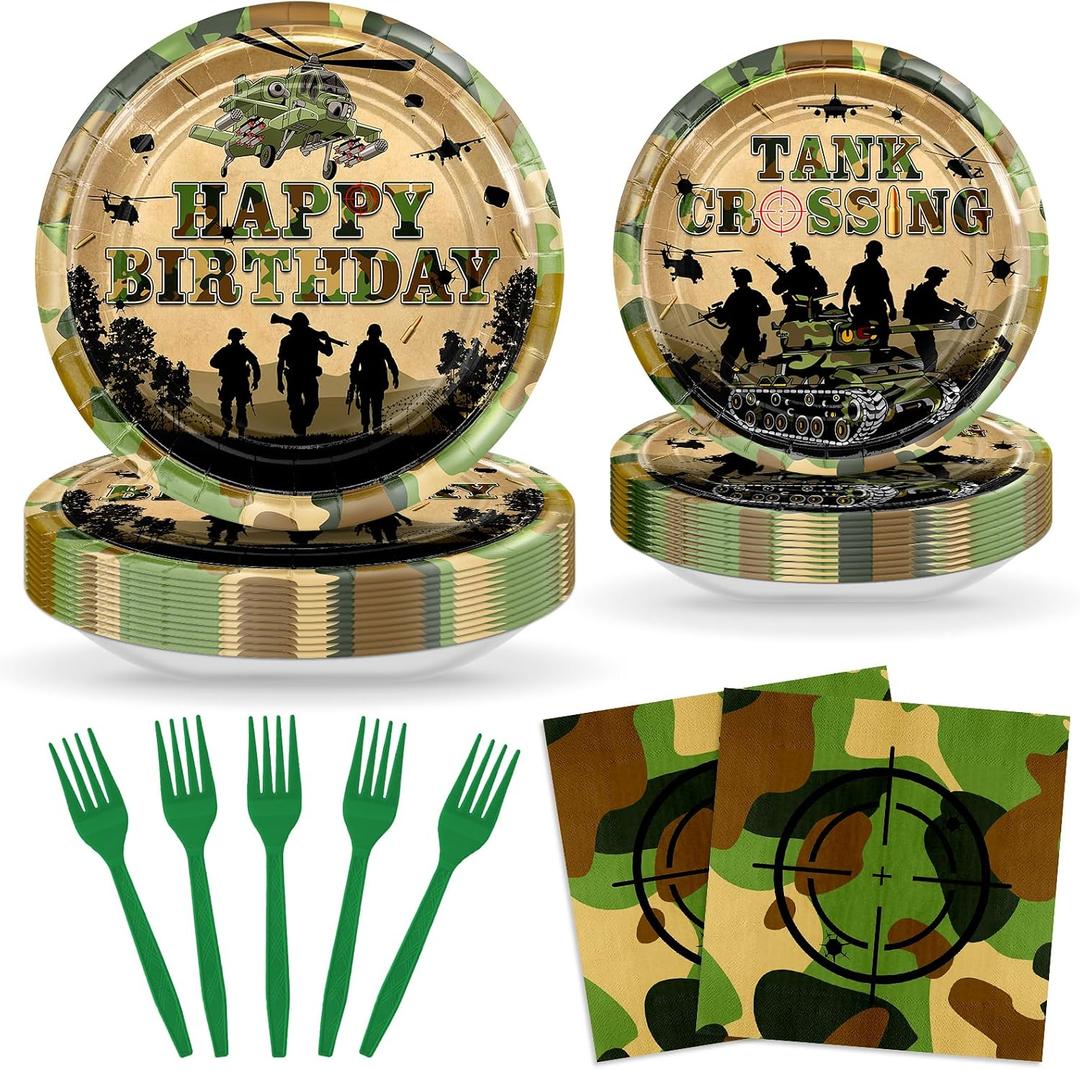 96 pcs Camo Birthday Party Decorations Army Birthday Party Plates and Napkins Disposable Camouflage Party Dessert Dinnerwares Serve 24 Guests