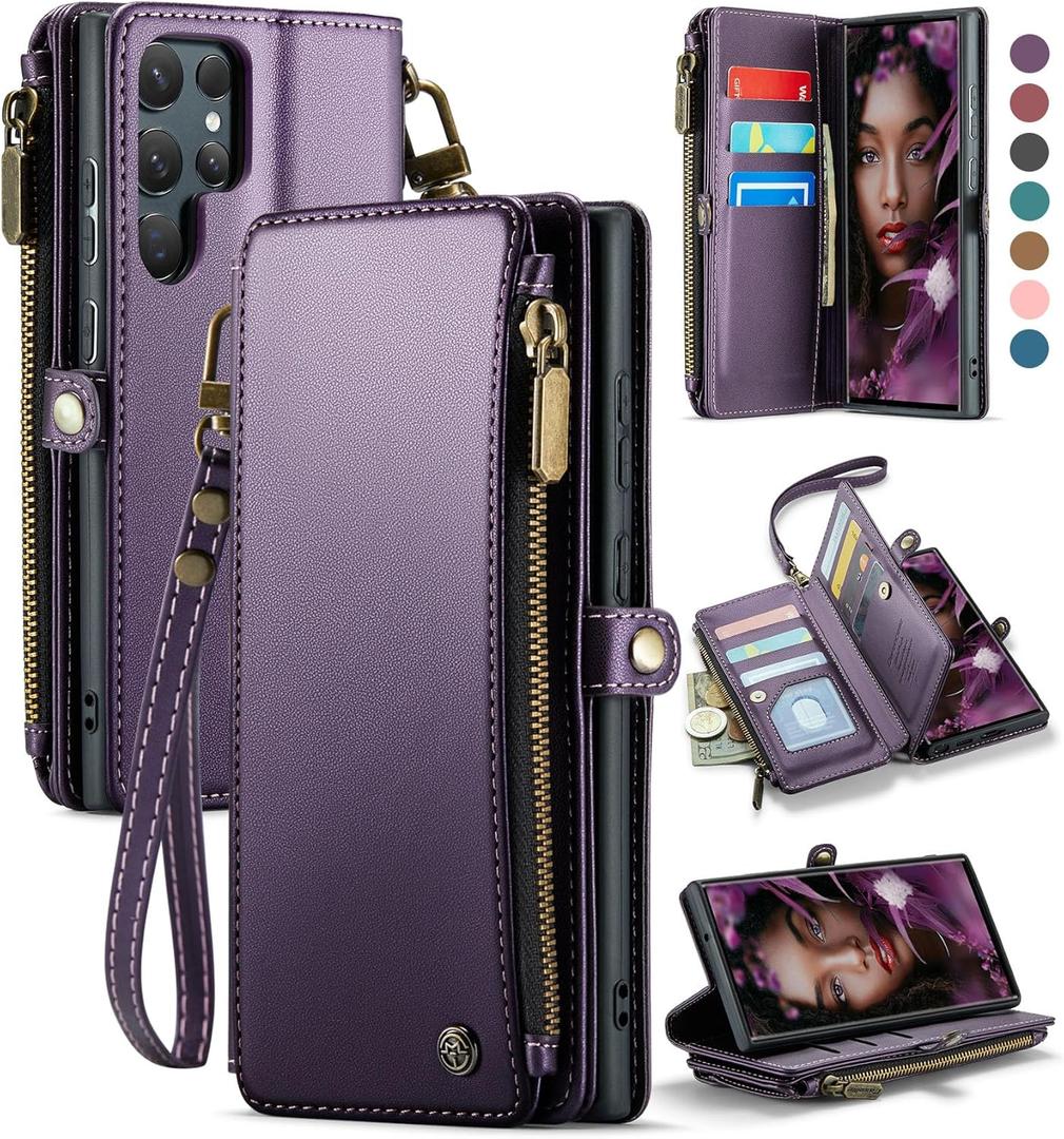 Defencase Compatible with Samsung Galaxy S22 Ultra Case Wallet with RFID Blocking Card Holder for Women Men, PU Leather Magnetic Snap Flip Zipper Strap Phone Case Fit for Galaxy S22 Ultra 5G, Purple