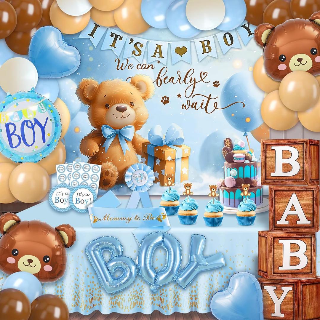 Party SpotBear Baby Shower Decorations Boy,80 pcs Balloons,4 Wood Grain Blocks with Letter,"We can bearly wait" Backdrop,Banner,Tablecloth,Balloon Pump, Blue Brown Bear Theme