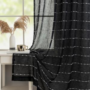 Black Sheer Curtains 84 inches Long for Living Room Boho Faux Linen Curtains with White Striped Rod Pocket Minimalist Transparent Drapes for Bedroom Kitchen Sliding Door, 52" W X 84" L,2 Panels