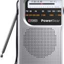 PowerBear Portable Radio | AM/FM, 2AA Battery Operated with Long Range Reception for Indoor, Outdoor & Emergency Use | Radio with Speaker & Headphone Jack (Silver)