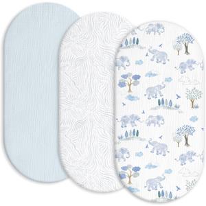Gllquen Baby Muslin Bassinet Sheets 3 Pack, Breathable Elastic Cozy Fitted Cotton Bassinet Mattress Sheet for Baby Boy Girls, Fit for Hourglass Oval Rectangular Cradle Pad Sheets 33"x17" (Light Blue) (Bounce in the Blue)