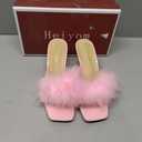 Women's Square Toe Heeled Sandals Low Block Chunky Heels Clear Mules Fluffy Feather Slip on Wedding Bridal Party Dress Shoes, Size 37
