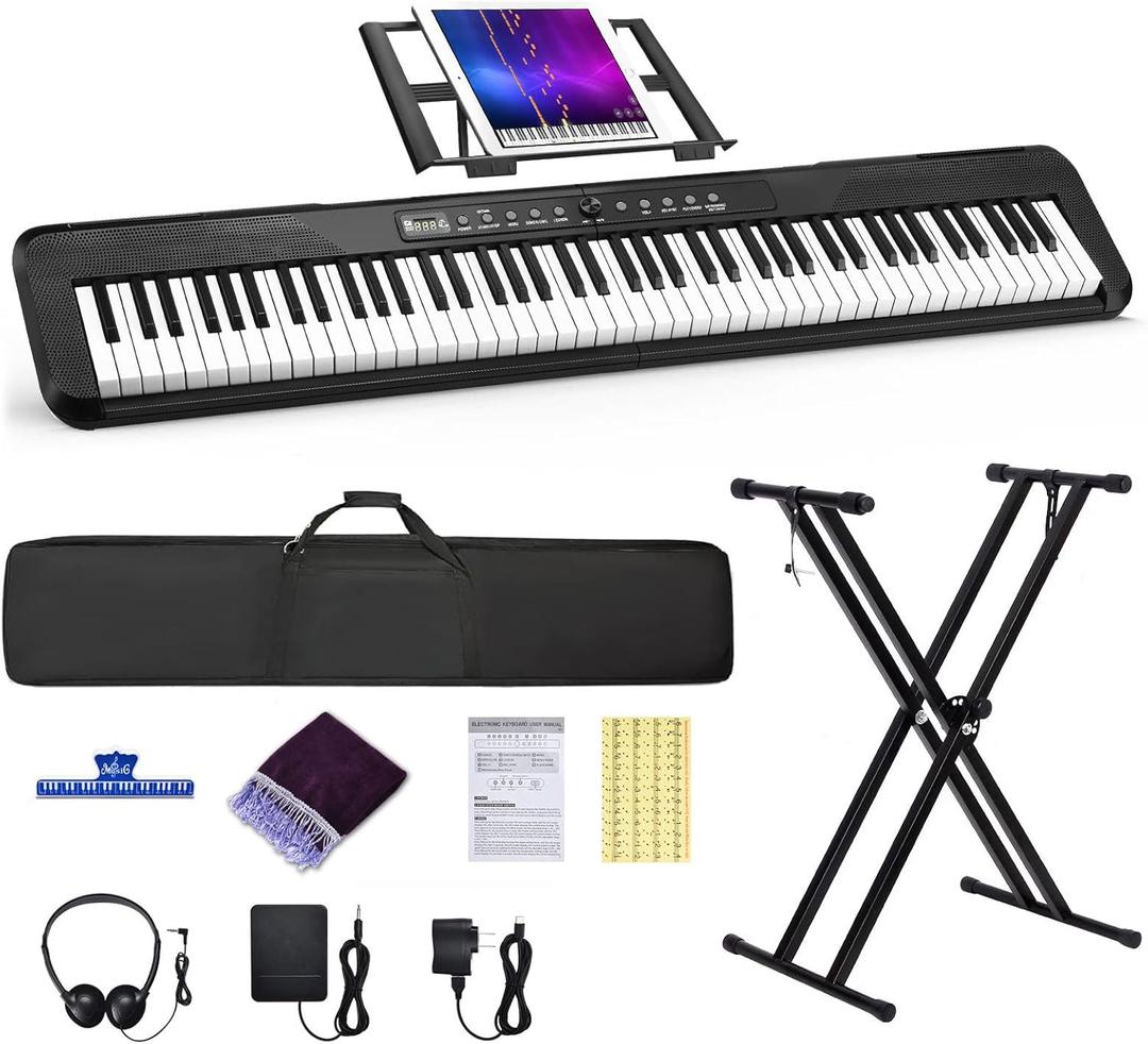 88 Key Digital Piano, Semi Weighted Electronic Keyboard Piano with Music Stand, Power Supply, Sustain Pedal, Stand, Bluetooth, MIDI