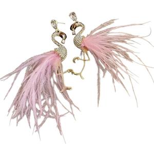 Fairy Pink Flamingo Bird Drop Earrings For Women Bohemian Feather Long Tassel Dangle Earring Rhinestones Wedding Party Jewelry
