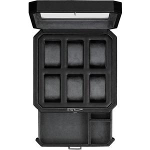 ROTHWELL 6 Slot Leather Watch Box with Valet Drawer - Luxury Watch Case Display Organizer, Microsuede Liner, Locking Mens Jewelry Watches Holder, Men's Storage Boxes With Large Glass Top (Black/Grey)