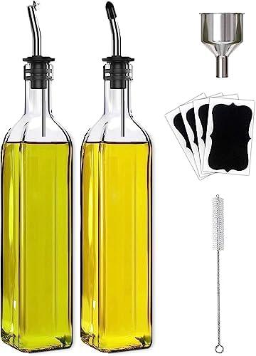 Leaflai Glass Olive Oil Dispenser Bottle 500ml | 2 Pcs, Olive Oil Dispenser, Vinegar Dispenser Set, 2 Stainless Steel Pourers