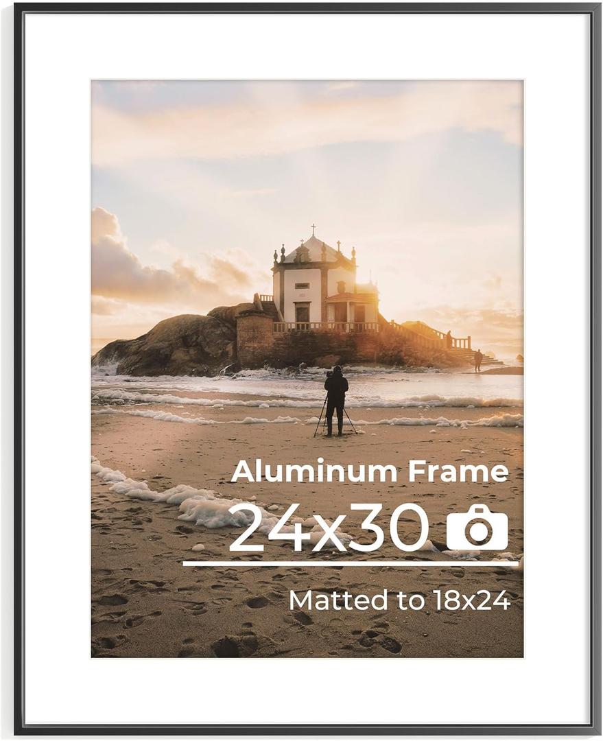 Acovy 24x30 Aluminum Picture Frame - with Mat for 18x24 Photo or Without Mat for 24 x 30 Photo, Metal Poster Frame with High Definition Plexiglass, Wall Mounting or Tabletop Display, Black, Set of 1