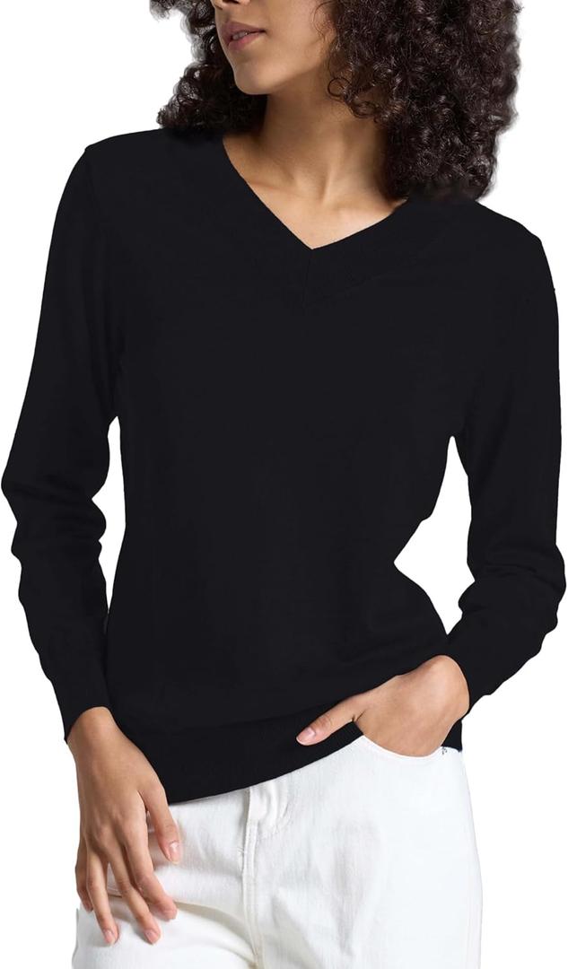 Women's Long-Sleeve Pullover Lightweight Soft V-Neck Casual Sweater Top (Black, XXL)