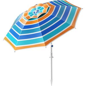 8FT. Large Beach Umbrella with Heavy Duty Sand Anchor & Tilt Sun Shelter, UPF50+ UV Protection, Wind Resistance, Waterproof Canopy, Portable for Beach Outdoor Patio Yard Garden Pool
