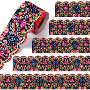 Fuutreo 32.8 ft Mexican Bulletin Board Borders Spanish Bulletin Border Office Scalloped Trim for School Fiesta National Hispanic Heritage Month Party Decoration (Multicolor)