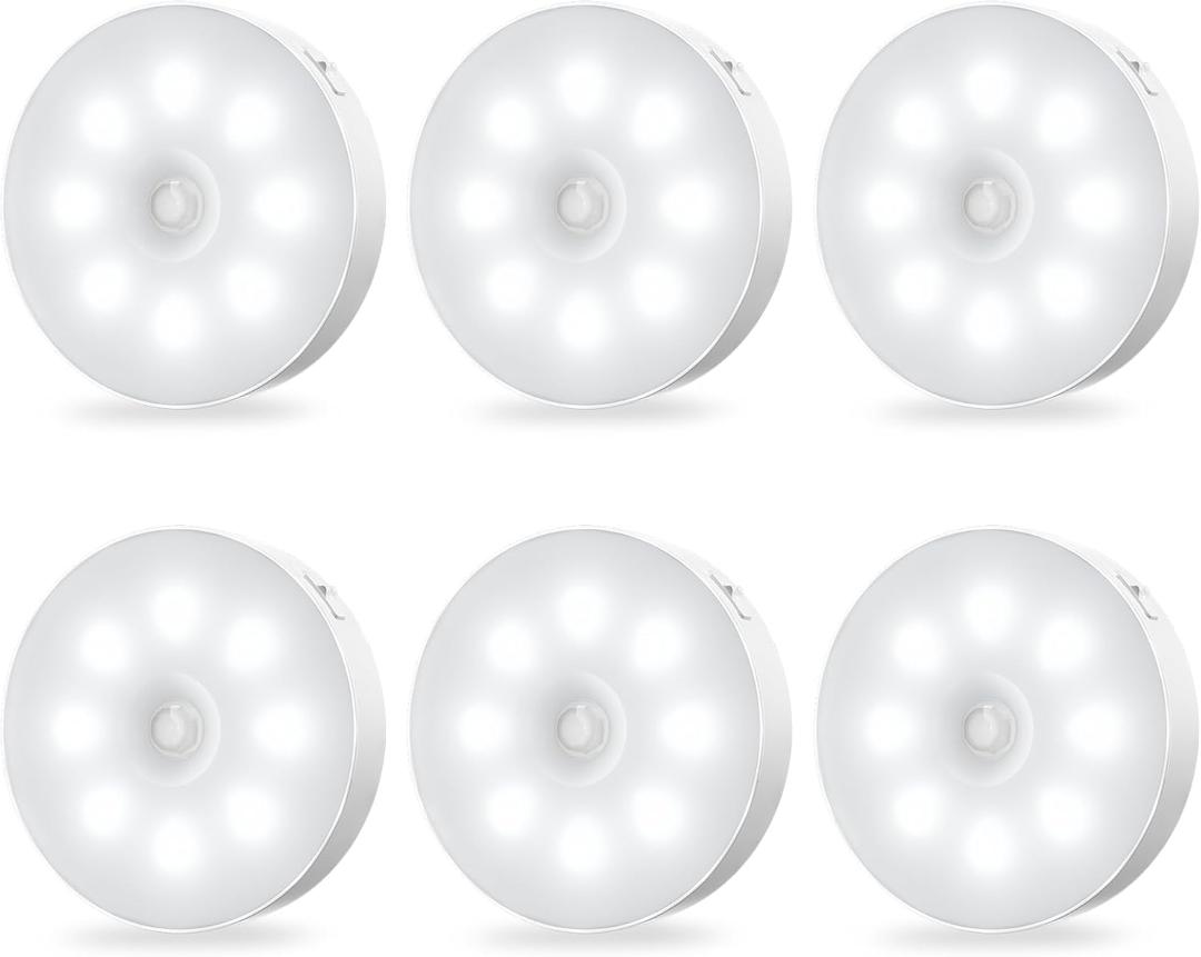 Under Cabinet Light Motion Sensor - Rechargable Closet Puck Lights, Stick on Lighting Magnet, Under Counter Lights Kitchen, LED Montion Sensor Light, Locker Nightlights 6-Pack