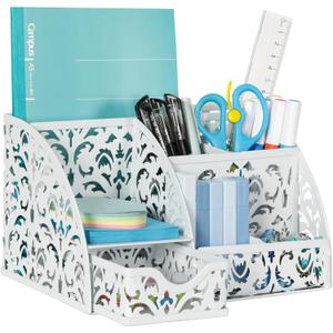 EasyPAG Pen Holder Desk Organizer with Drawer Pencil Cup for Desk 6 Compartments Metal Office Caddy Storage with Sticky Notes Holder for School Home Office, White