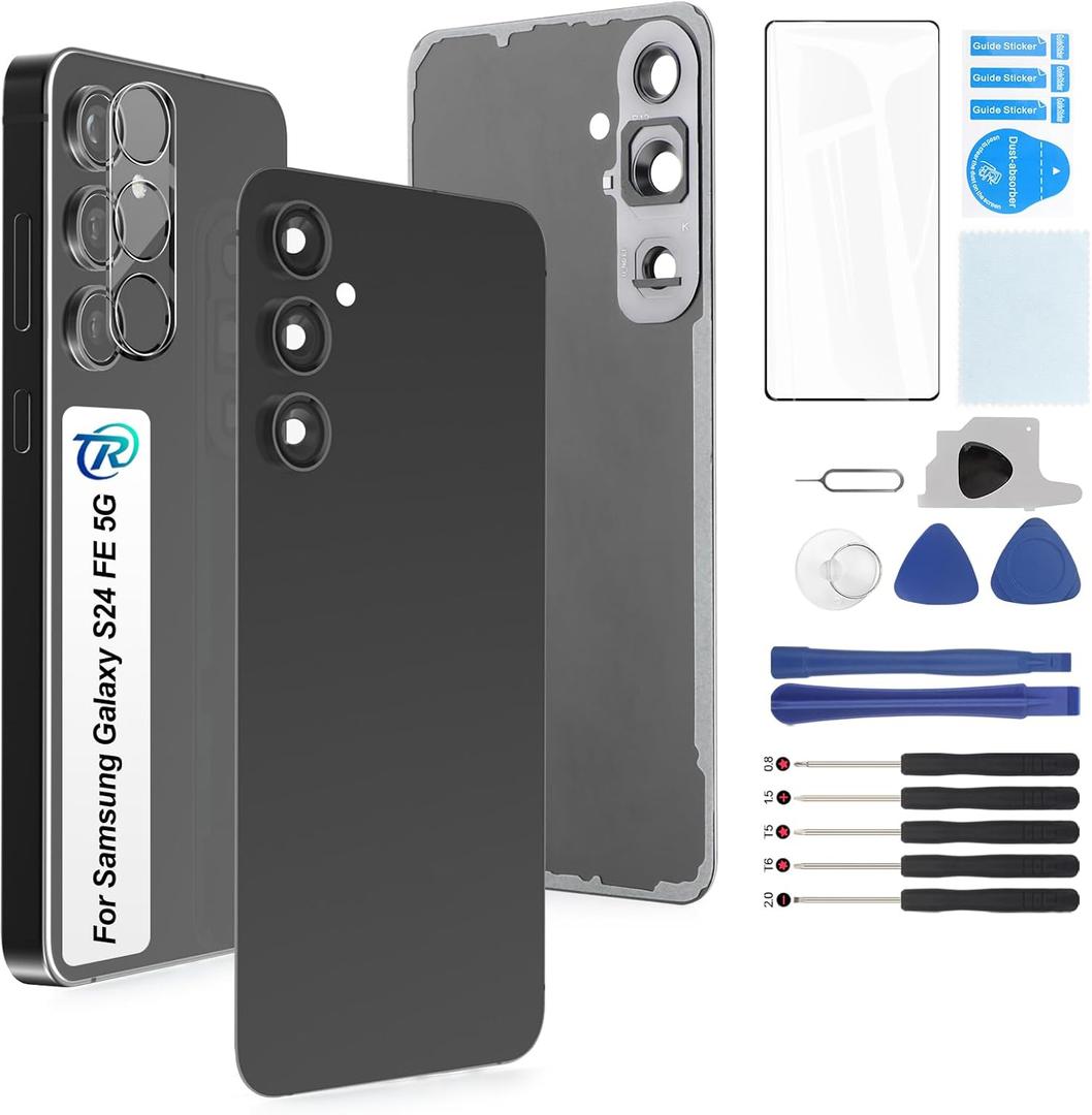 for Samsung Galaxy S24 FE Back Glass Replacement for Samsung S24 FE 5G SM-S721 Rear Glass Replacement Battery Cover Housing Door Accessories Parts with Repair Tools (Black)