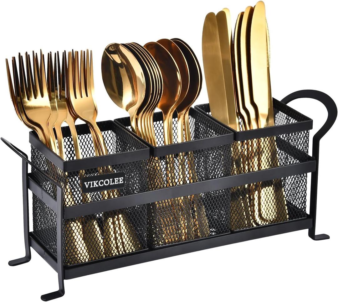 Kitchen Utensil Holder, Silverware Organizer Holder, Compact Metal Organizer for Flatware, Spoons, Forks, and Knives - 3 Separate Compartments Perfect for Kitchen Countertop- Black