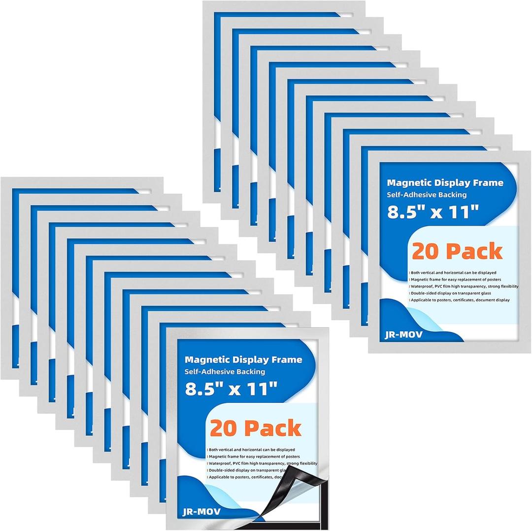 Magnetic Frames for Refrigerator, 20 Pack Double Sided Magnetic Sign Holder 8.5 x 11 for Display Picture Paper Document Flyer Page, Reusable Adhesive Frames for Walls Door Window Glass (Silver)