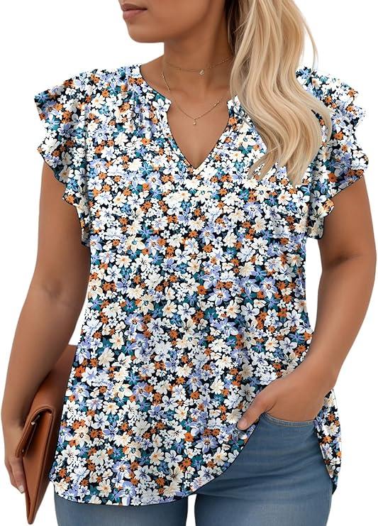 VISLILY Womens-Plus-Size-Summer-Tops Cute Notched V Neck T Shirts Dressy Ruffle Short Sleeve Blouses Trendy Casual Tunics Tee, 2XL
