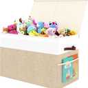 Large Toy Storage Box with Lid Upgraded Toy Storage Chest Organizer with Divider Foldable Toy Bin for Kids Boys Girls Playroom Nursery Bedroom (25"x13"x16") (Beige and White)