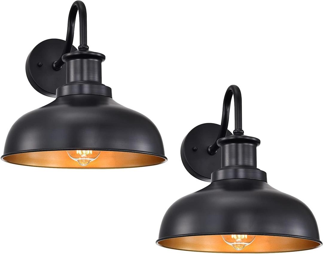 Outdoor Barn Lights, Farmhouse Outdoor Wall Sconces, Rustic Exterior Wall Mount Lights, Vintage Outside Lighting Fixtures, Industrial Black Gold Lanterns for Barn Shed Porch Garage Patio, 2 Pack (02RZ007-2 PACK(Not Dusk to Dawn))