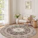8ft Round Vintage Living Room Area Rug - 8x8 Large Soft Washable Oriental Traditional Distressed Farmhouse Rugs for Bedroom - Indoor Floor Accent Carpet for Home Office House Decor - Dark Brown