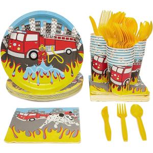 BLUE PANDA - Firetruck Birthday Party Decorations, Paper Plates, Napkins, Cups and Plastic Cutlery (Serves 24, 144 Pieces) - Fire Truck Plates - Fire Truck - Party Decoration - Birthday Supplies