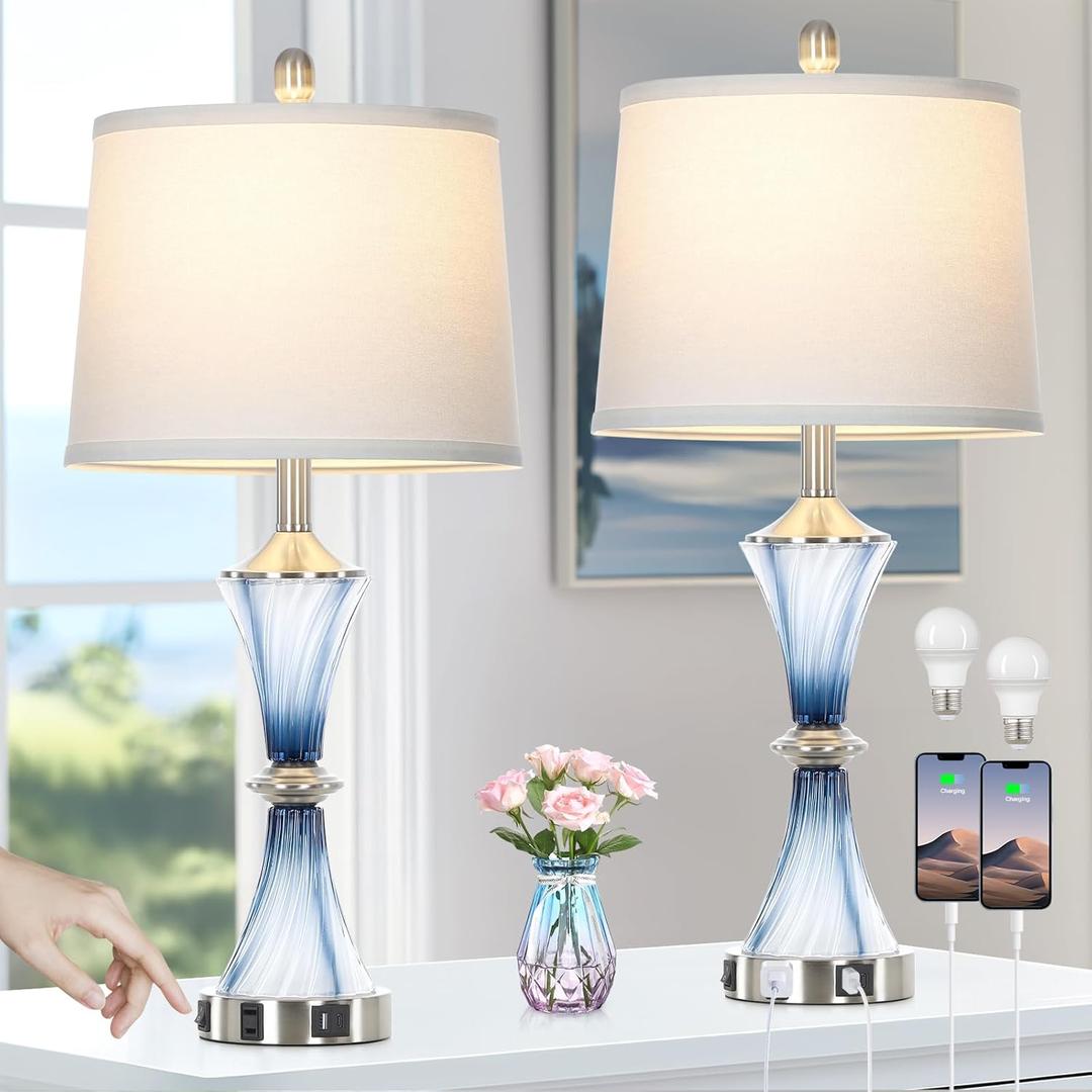 Rinweey Blue Glass Table Lamp Set of 2 with USB C+A Ports & AC Outlet, Bedside Lamp, Modern Bedroom Lamps, Coastal Lamp for Night Stands Bedroom Living Room,Nightstand Lamp LED Bulbs Included
