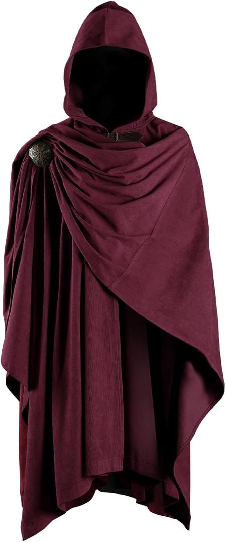 HiiFeuer Medieval Corduroy Hooded Cloak with Adjustable Brooch, Fantasy Poncho Renaissance Costume Cape Ren Faire Cosplay (Red)