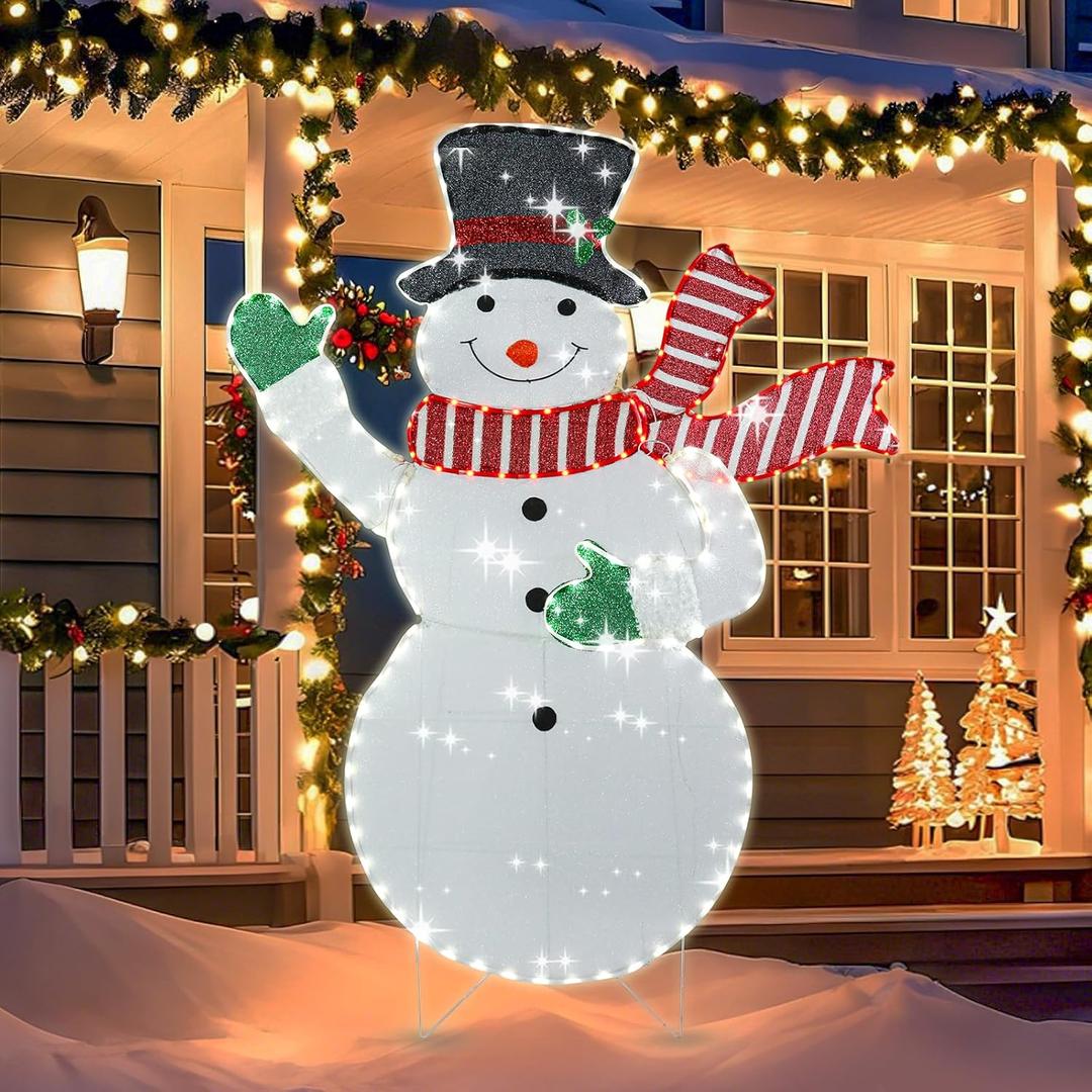VCUTEKA Christmas Outdoor Decorations - 5.3FT Christmas Glittering Snowman with Red Scarf and Black Hat LED Light for Xmas Home Yard Patio Lawn Garden Festive Holiday Dcor