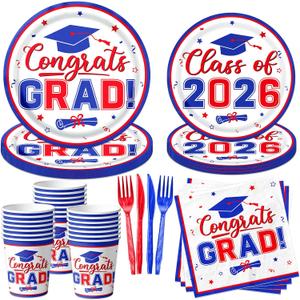 Red and Blue Graduation Decorations Dinnerware Set, Class of 2026 Graduation Plates and Napkins, Graduation Plates and Cups and Napkins Set for Congrats Grad Party Decorations, Serve 25