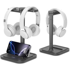 KDD Dual Headphone Stand for Desk - Rotatable Headset Hanger with Phone Holder - Removable Non-Slip Base for Gamers Desktop Accessories