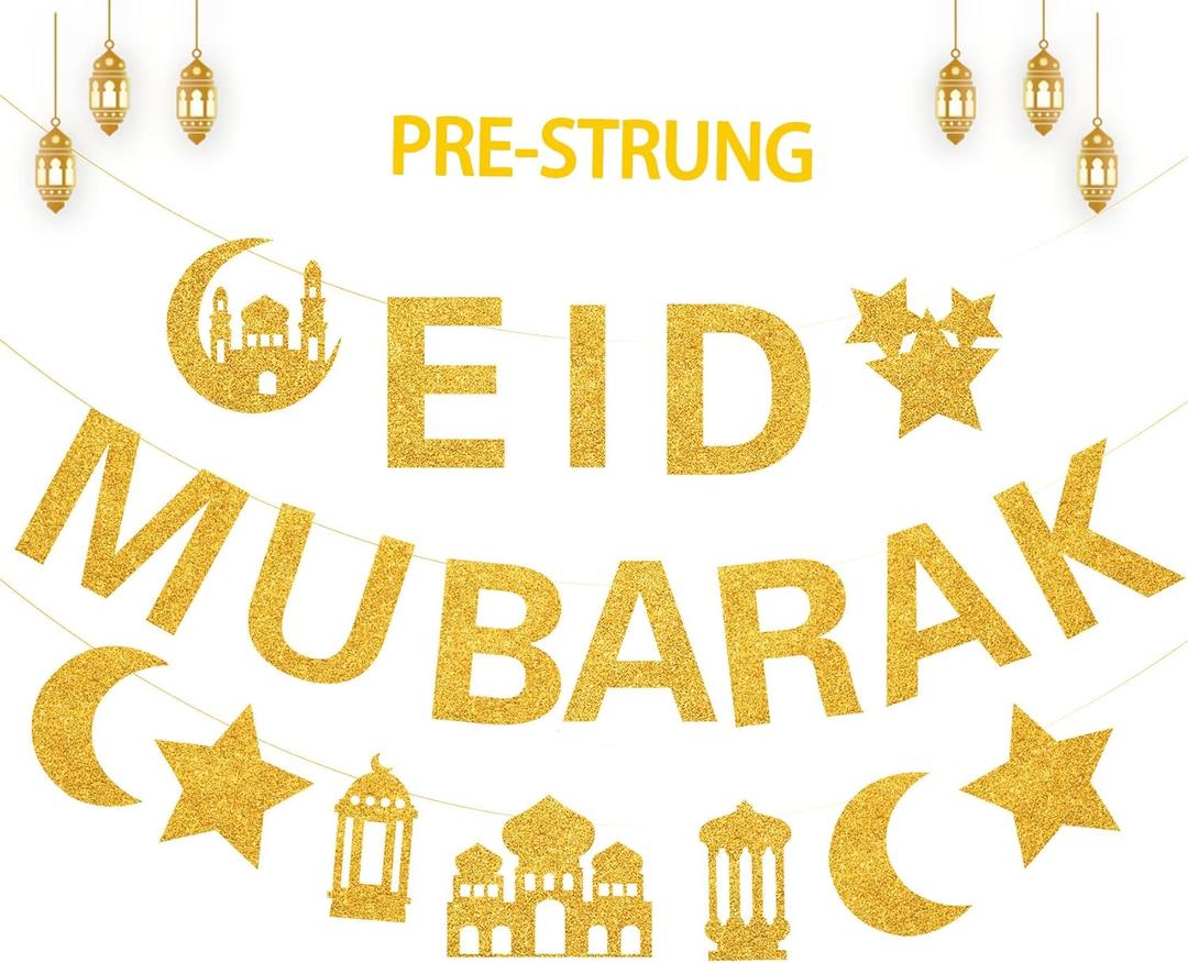 Glitter Eid Mubarak Banner with Gold Moon Star Eid Hanging for Islam Party Decorations No DIY Required