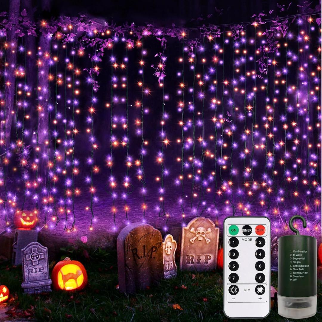 Purple Orange Curtain Lights Battery Operated Halloween 300 LED Hanging Curtain Lights with Remote 8 Modes Timer for Wedding Halloween Party Decr (9.8ft9.8ft)