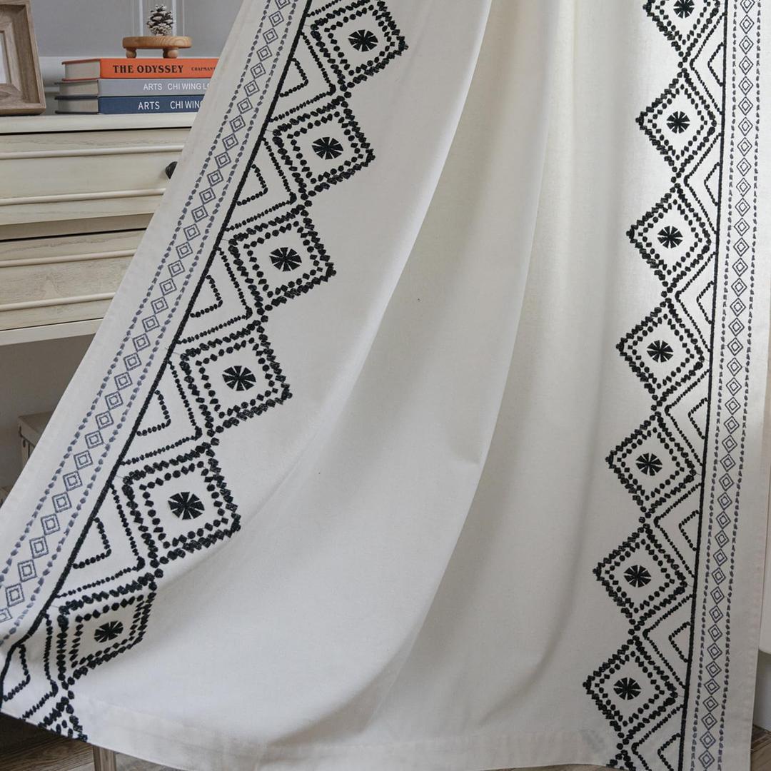 ColorBird Embroidered Boho Curtain for Bedroom, 2 Panels Black and White 84 inch Curtains Rod Pocket Curtain for Living Room Dining Closet Door