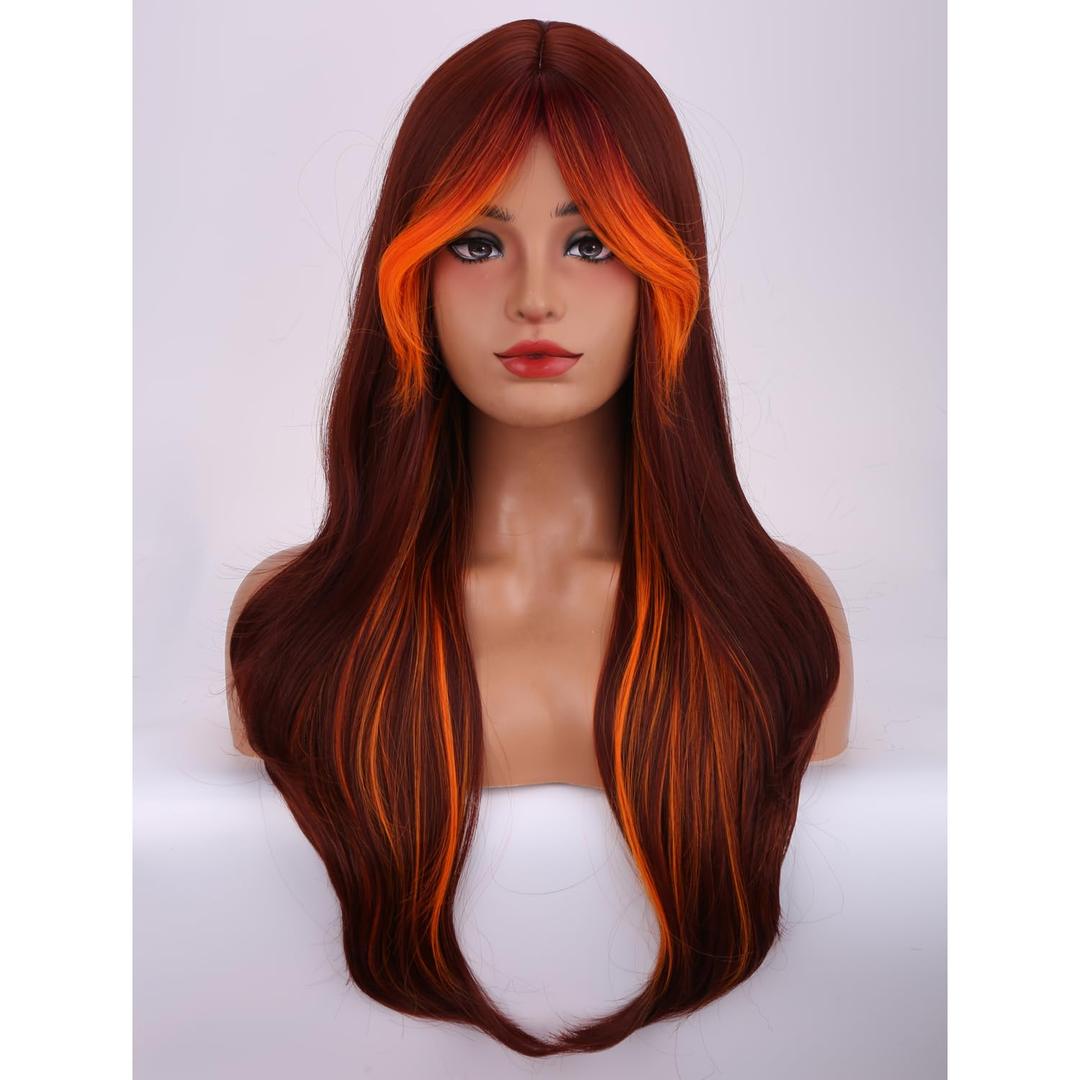 MAGQOO Brown Orange Ombre Wig with Curtain Bangs Long Wavy Brown Orange Wig for Women Synthetic Heat Resistant Daily Party Use
