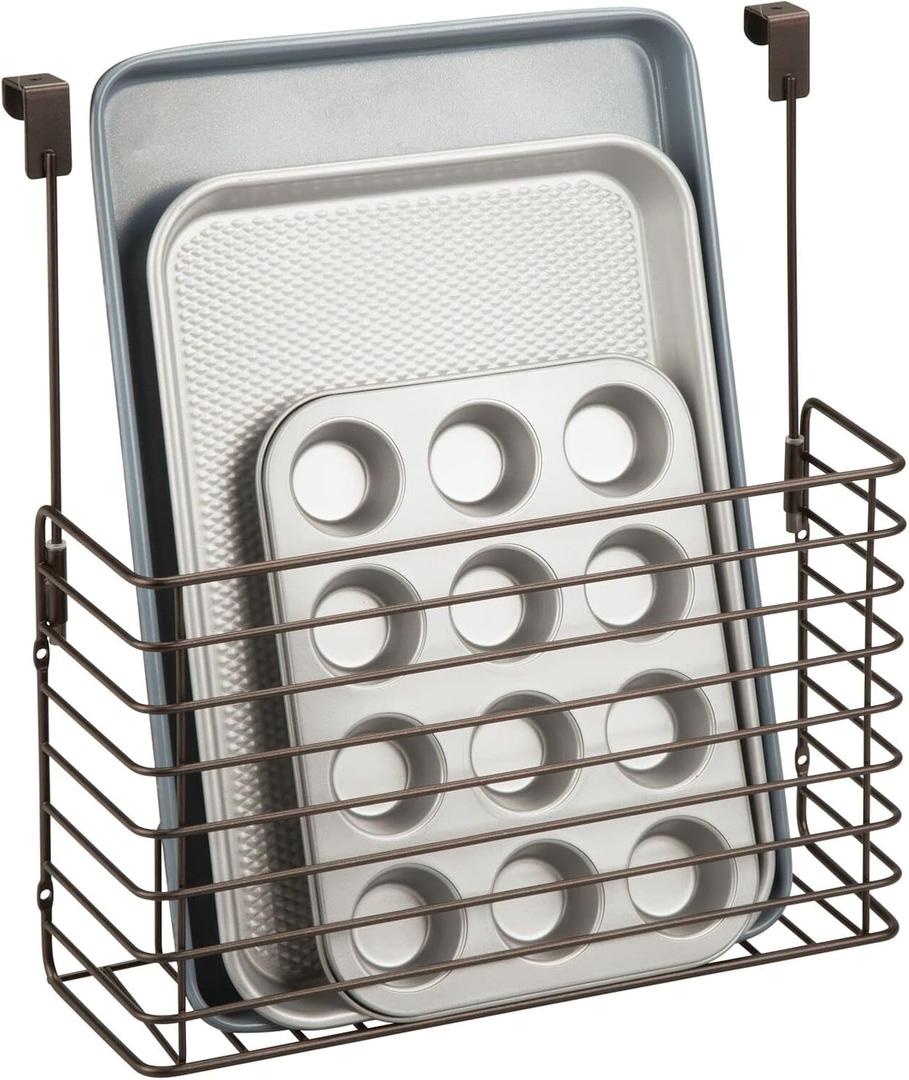 mDesign Over The Cupboard Hanging Storage Basket Metal Bakeware Organiser and Cutting Board Holder Excellent Kitchen Storage Solution Bronze