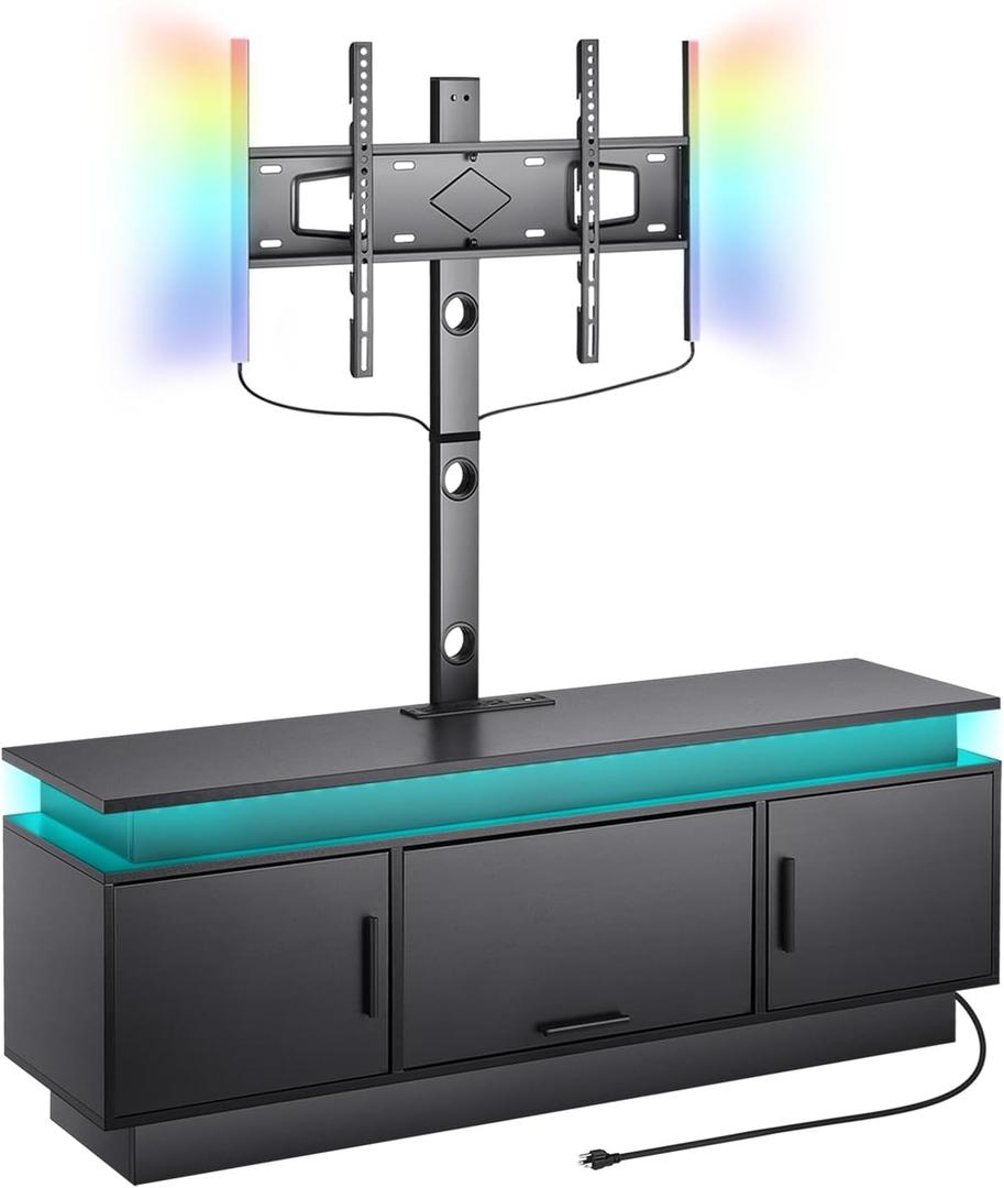 VEVOR 60" TV Stand with Mount for up to 75 in TVs, Entertainment Center with Power Outlet & LED Lights, Height Adjustable TV Console with Mount with 3 Tiers Storage Cabinets for Bedroom, Living Room (Black)