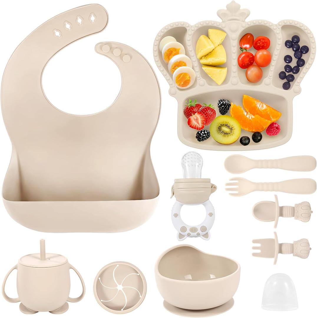 Silicone Baby Feeding Set 10 Pcs Baby Led Weaning Supplies Suction Bowl Divided Plate Baby Bibs Fruit Feeder Baby Spoons Forks Sippy Cup Toddler Utensil Sets Baby Essentials for Newborn Gift (Beige)
