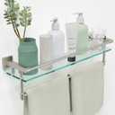 24-Inch Modern Wall-Mounted Bathroom Glass Shelf with 1 Shelf, Brushed Nickel, 1 Towel Bar, 45 lbs Weight Capacity, 24-inch With Railing