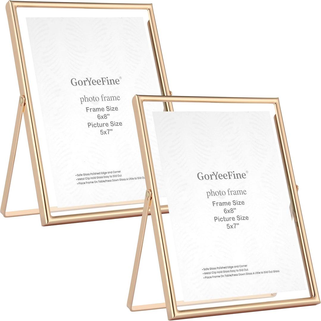 Gold 68Floating Frame 2-Pack For Photo Sizes(3.5x5''4x6''5x7''),Classy Metal Floating Frame 5x7''Tabletop Shelf Photo Frames for Christmas,Wedding Party,Home or Office Decor