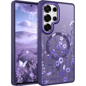 DOMAVER for Samsung Galaxy S25 Ultra Case, Magnetic Phone Case for Samsung S25 Ultra [Compatible with MagSafe] Slim Fit Flowers Floral Design Shockproof Protective Bumper Women Girls Cover- Purple