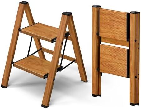Taranta 2 Step Ladder, Aluminum Lightweight Folding 2 Step Stool with Anti-Slip Wide Pedal, 330lbs Capacity Step Ladder for Household, Kitchen, Office - Woodgrain