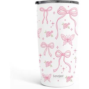 SANDJEST Bow Tumbler 20oz, Stainless Steel Travel Cup with Lid, Insulated Coffee Mug, Bow Gifts for Women Girls Friends Sisters on Birthday Christmas (White)