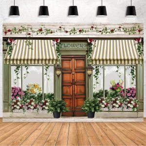 Flowers Shop Store Backdrop Spring Floral Photo Backdrop Green Vine Vintage Wood Door Background Brown Wood Plank Flower Wall Photography Backdrop Wedding Couple Bridal Shower Party Banner (7x5feet)